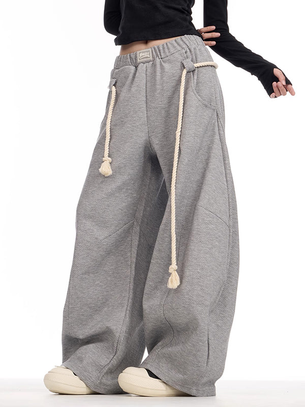 Drawstring Elasticity Pockets Solid Color High Waisted Loose Trousers Pants