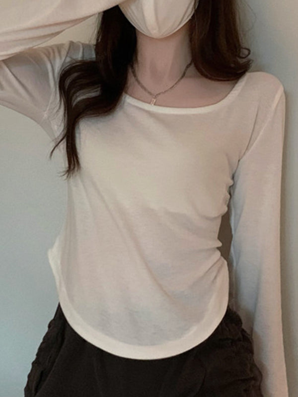 Solid Color Long Sleeves Skinny Square-Neck T-Shirts Tops