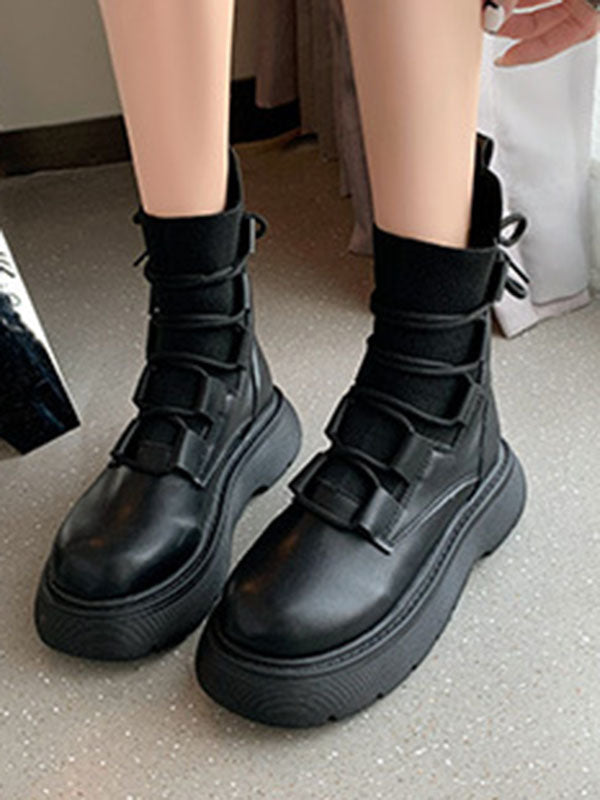 Lace-Up Round-Toe Solid Color Split-Joint Platform Shoes Dr. Martens Boots Boots