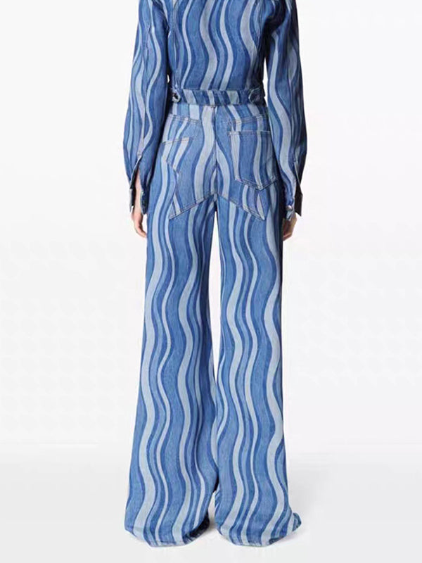 Split-Joint Striped Patterns High Waisted Loose Jean Pants Bottoms