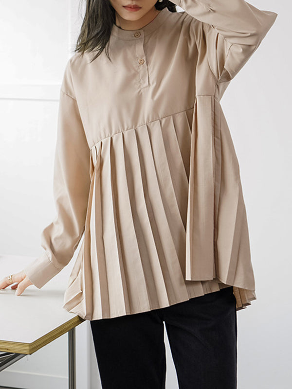 Buttoned Pleated Solid Color Long Sleeves Loose Round-Neck Blouses&Shirts Tops