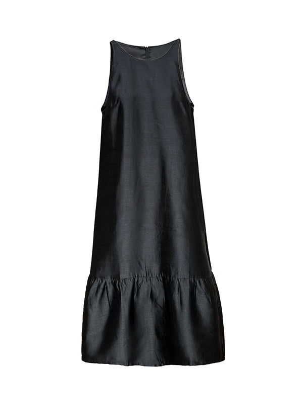Pleated Solid Color Split-Joint Loose Sleeveless Round-Neck Maxi Dresses