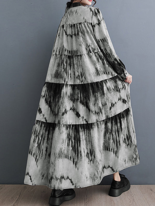 Pleated Split-Joint Tie-dyed Long Sleeves Loose Stand Collar Midi Dresses