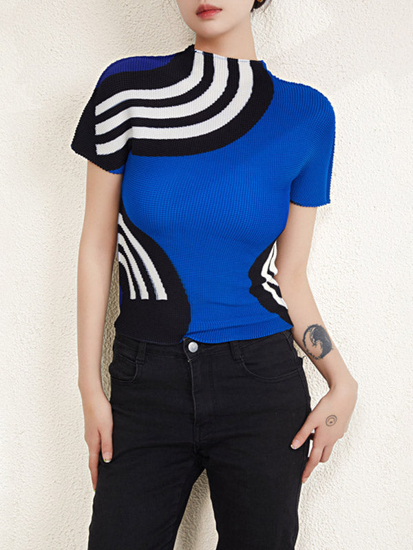 Contrast Color Printed Short Sleeves Mock Neck T-Shirts Tops