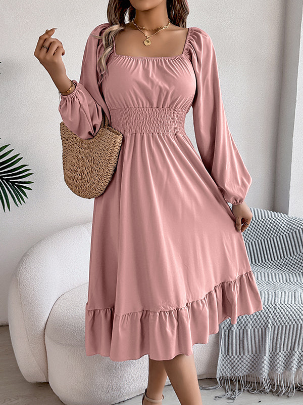 Pleated Ruffled Solid Color A-Line Elasticated Waist Square-Neck Midi Dresses