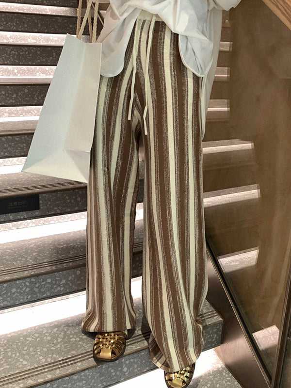 Casual Wide Leg Loose Drawstring Striped Pants