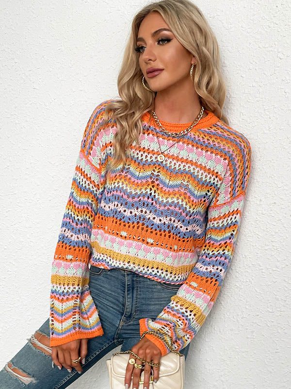 4 Colors Loose Contrast Color Round-Neck Sweater Top