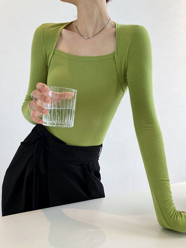 Solid Color Long Sleeves Skinny Square-neck T-Shirts Tops