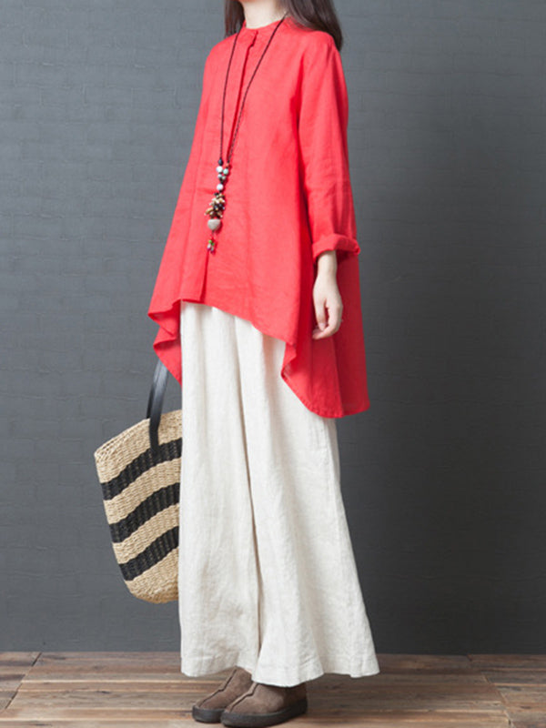 Linen Solid Color Round-Neck Puff Sleeve Blouse Tops