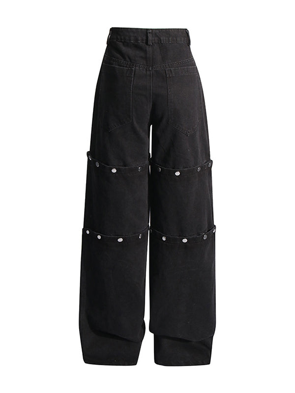 Buttoned Detachable No Belt Pockets Split-Joint High Waisted Loose Jean Pants Bottoms