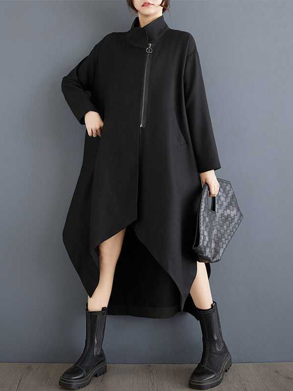 Pockets Solid Color Split-Joint Zipper High-low Long Sleeves Stand Collar Outerwear
