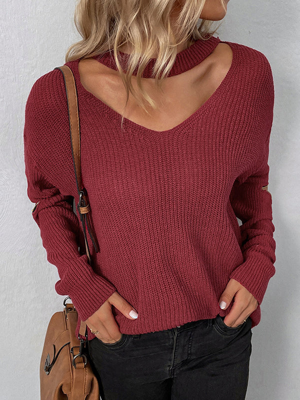 Hollow Solid Color Zipper Long Sleeves Loose V-Neck Sweater Tops Pullovers
