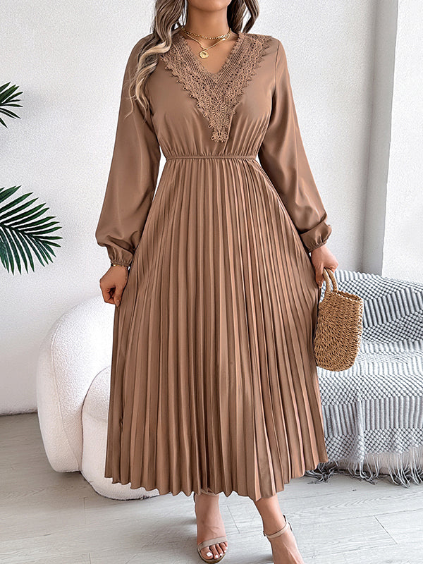 Pleated Solid Color Elasticated Waist High Waisted V-neck Midi Dresses