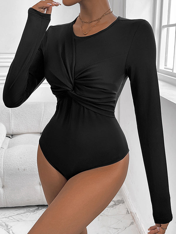 Knot Solid Color Bodycon Long Sleeves Round-Neck Bodysuits