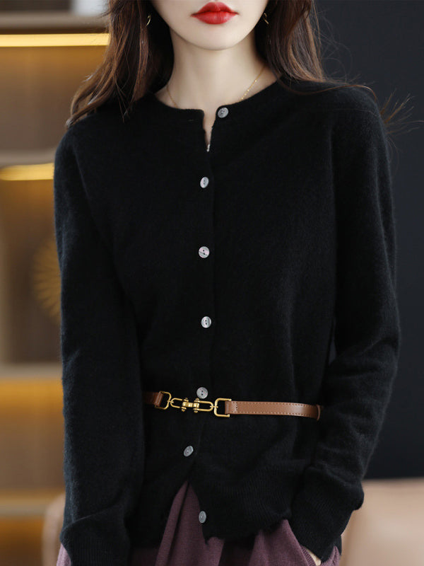 Buttoned Elasticity Long Sleeves Round-Neck Knitwear Cardigan Tops