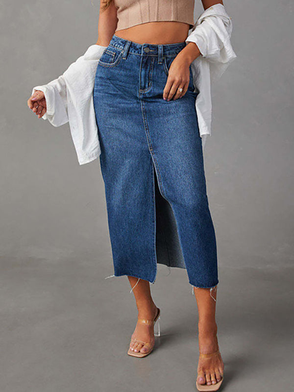 Fringed Pockets Split-Front A-Line High Waisted Skirts Bottoms