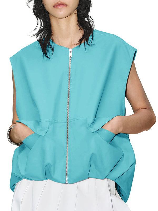 Pockets Split-Joint Zipper Loose Sleeveless Round-Neck Vest Outerwear