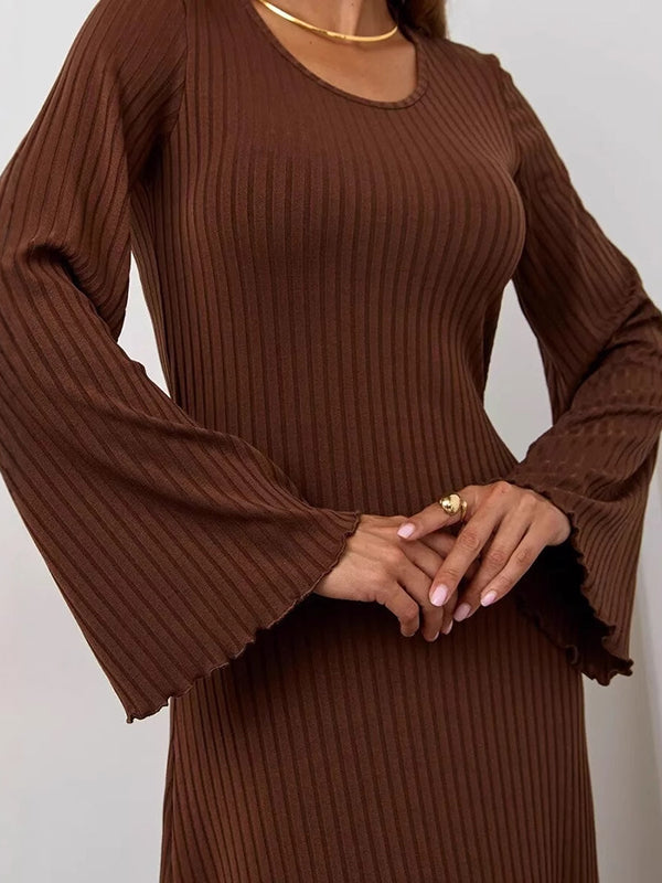 Pleated Ruffled Solid Color Split-Joint Long Sleeves Round-neck Maxi Dresses