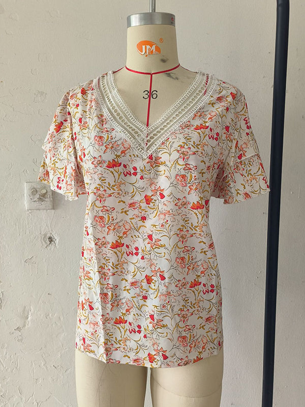 Falbala Floral Printed Split-Joint Loose Petal Sleeves V-Neck T-Shirts Tops