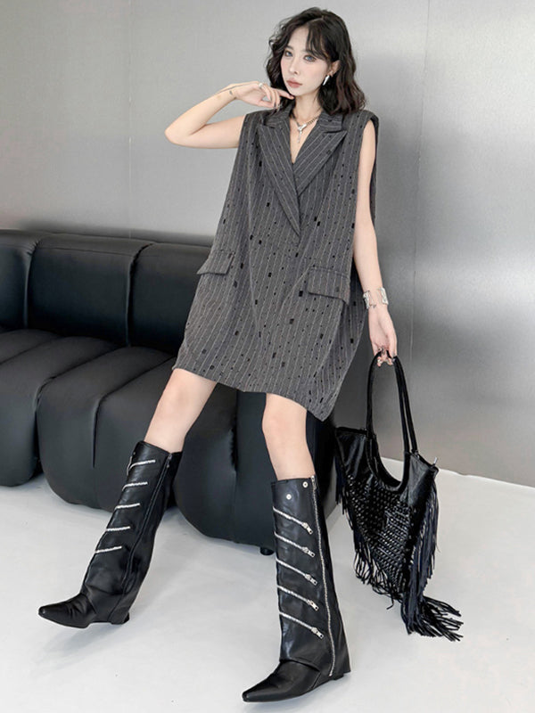 Striped Loose Sleeveless Lapel Vest Top