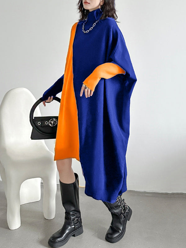 Asymmetric Contrast Color Split-Joint Batwing Sleeves Hipster High-neck Sweater Dresses Midi Dresses