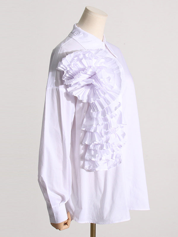 Asymmetric Buttoned Pleated Solid Color Split-Joint Three-Dimensional Flower Long Sleeves Loose Lapel Blouses&Shirts Tops