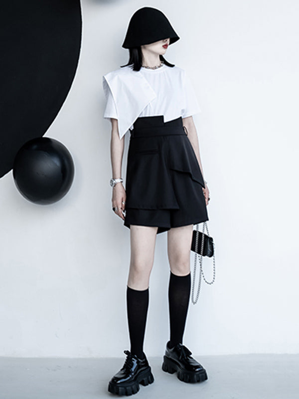 Urban Asymmetric Split-Front Solid Color Short Sleeves T-Shirt Top