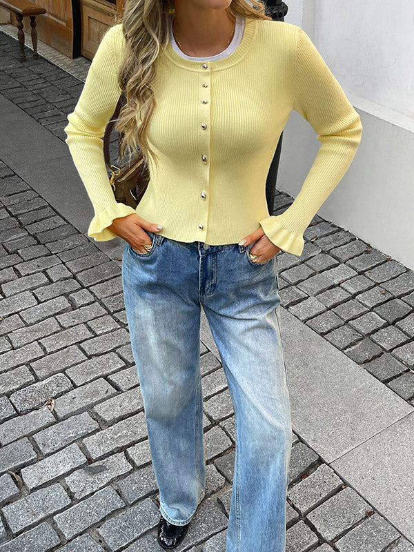 Buttoned Ribbed Knit Single-Breasted Solid Color Long Sleeves Ruffle Sleeves Collarless Outerwear Cardigan Tops