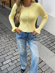 Buttoned Ribbed Knit Single-Breasted Solid Color Long Sleeves Ruffle Sleeves Collarless Outerwear Cardigan Tops