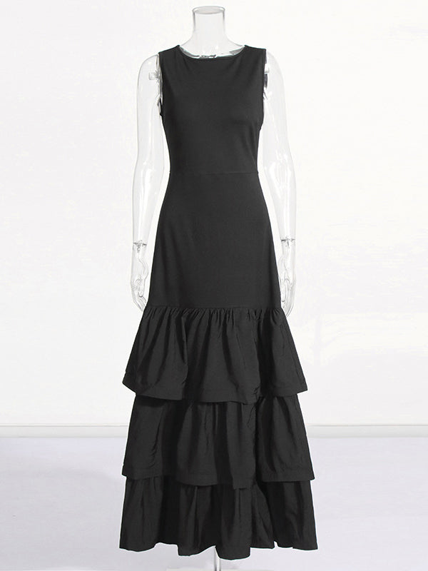 Layered Pleated Solid Color Split-Joint Zipper Bodycon High Waisted Round-Neck Maxi Dresses