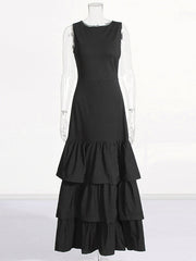 Layered Pleated Solid Color Split-Joint Zipper Bodycon High Waisted Round-Neck Maxi Dresses