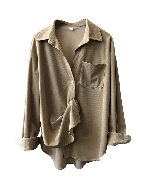 Casual Long Sleeves Loose Buttoned Solid Color Lapel Collar Blouses&Shirts Tops