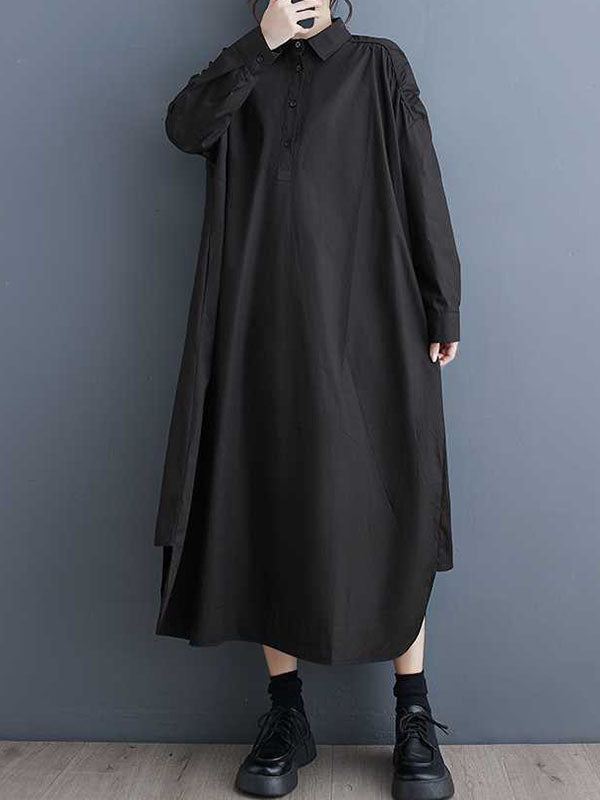 Buttoned Hollow Pleated Pockets Solid Color A-line Long Sleeves Lapel Shirt Dress Midi Dresses