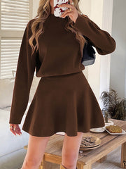 Elasticity Solid Color A-line High Waisted Round-neck Sweater Dresses Mini Dresses