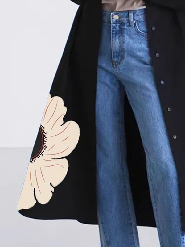 Long Sleeves Loose Buttoned Floral Printed Lapel Collar Outerwear