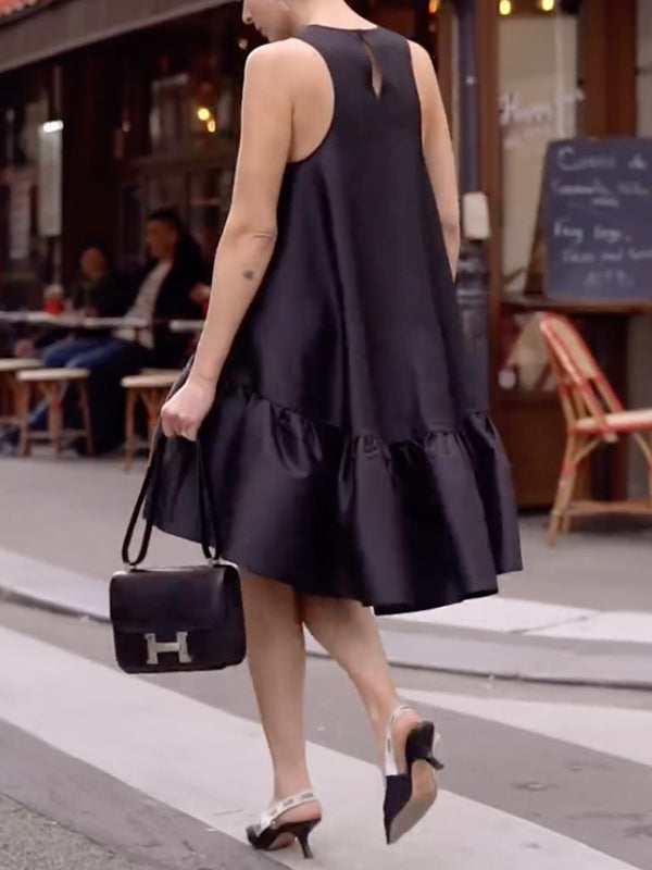 Falbala Solid Color High-Low Loose Round-Neck Midi Dresses