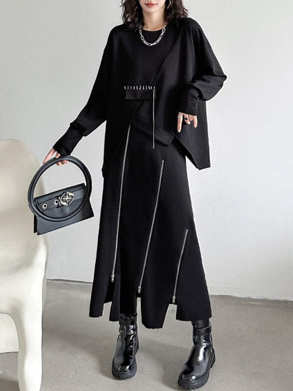 Asymmetric Long Sleeves Loose Round-Neck Sweatshirt Tops