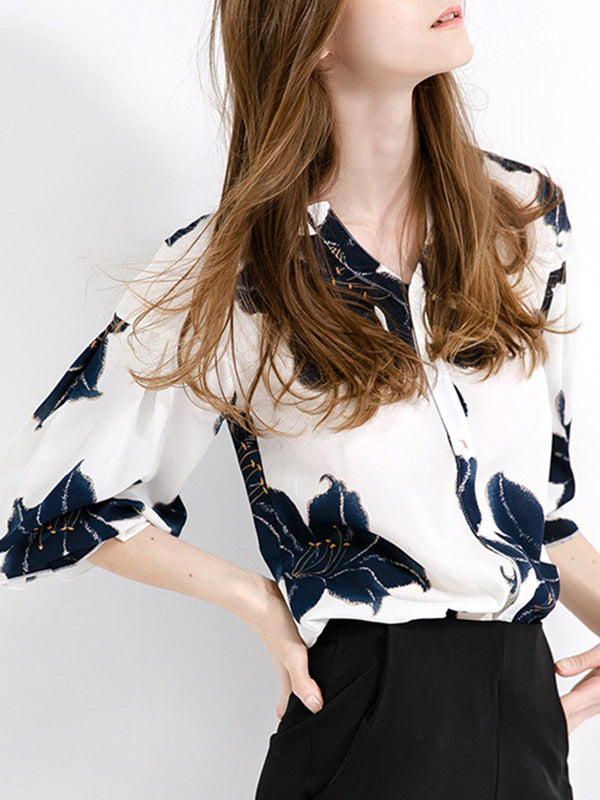 Contrast Color Flower Print Loose V-neck Blouses&shirts Tops