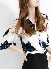 Contrast Color Flower Print Loose V-neck Blouses&shirts Tops