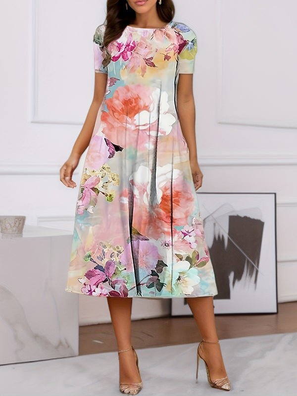 Flower Print Pockets A-Line Loose Round-Neck Midi Dresses