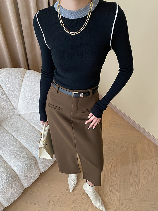 Contrast Color Split-Joint Long Sleeves Skinny Round-Neck Sweater Tops Pullovers