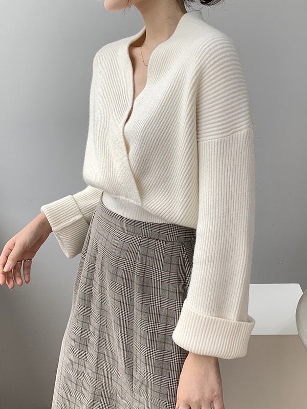 Asymmetric Solid Color Long Sleeves V-Neck Sweater Pullovers Knitwear
