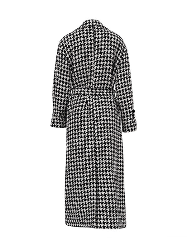 Houndstooth Split-back Split-Joint Tied Waist Long Sleeves Loose Lapel Trench Coats