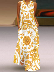 Contrast Color Pockets Printed Split-Joint A-Line Loose V-Neck Maxi Dresses