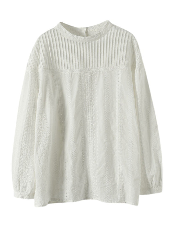 Artistic Retro Loose Solid Color Lace Hollow Long Sleeves T-Shirt Top