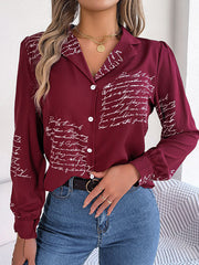 Buttoned Letter Print Long Sleeves Loose Notched Collar Blouses&Shirts Tops