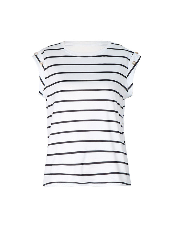 Split-Joint Striped Loose Short Sleeves Round-Neck T-Shirts