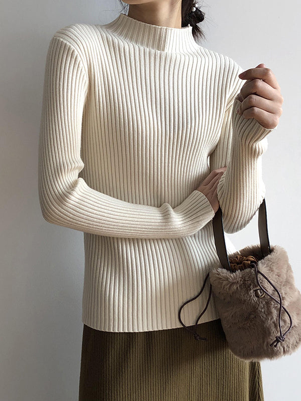 Simple Long Sleeves Skinny Leg Solid Color High-Neck Sweater Tops