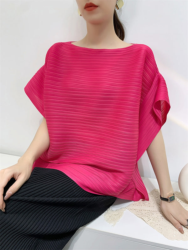 Pleated Solid Color Batwing Sleeves Loose Round-Neck T-Shirts Tops