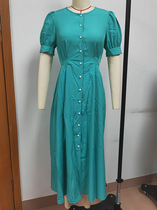 Buttoned Solid Color Puff Sleeves Short Sleeves Round-Neck Shirt Dress Midi Dresses